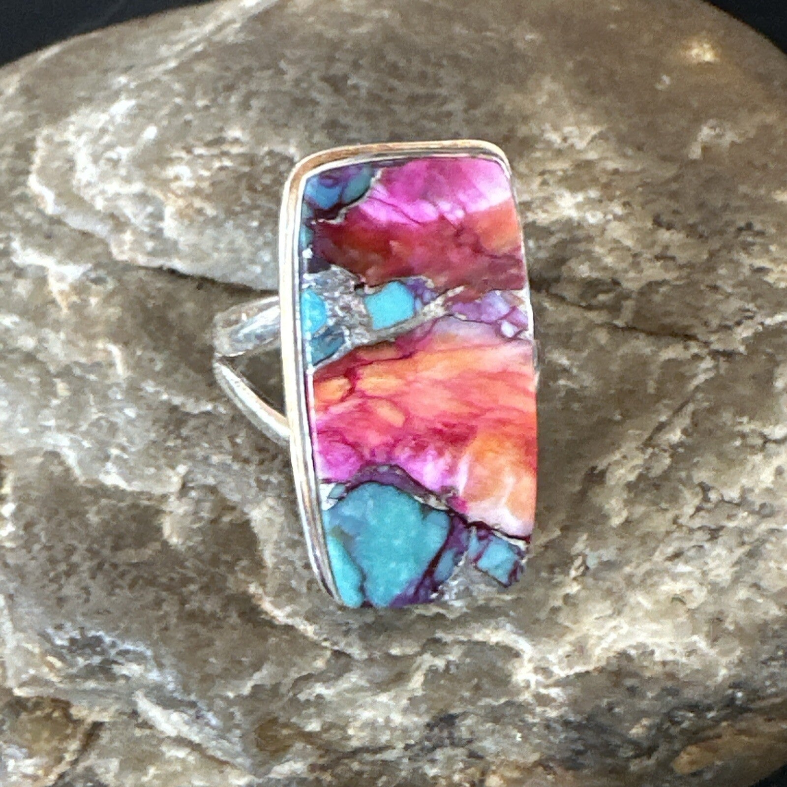 Blue Turquoise Spiny Oyster Navajo Sterling Silver Ring Size 9 18222
