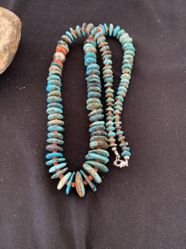 Navajo Natural Blue Turquoise & Spiny Oyster Necklace Graduated 28" 332