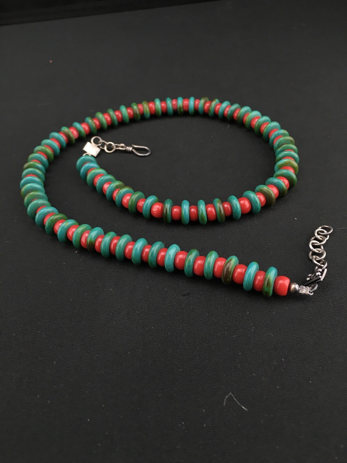 Native Mens Turquoise & Coral Bead Navajo Sterling Silver Necklace 22" 3712