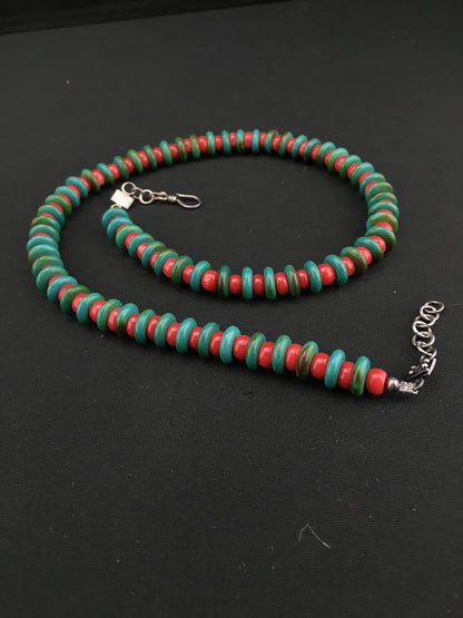 Native Mens Turquoise & Coral Bead Navajo Sterling Silver Necklace 22" 3712