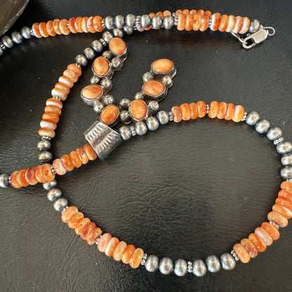 Navajo Pearls Sterling Necklace Orange Spiny Oyster Cluster Naja Pendant 19551