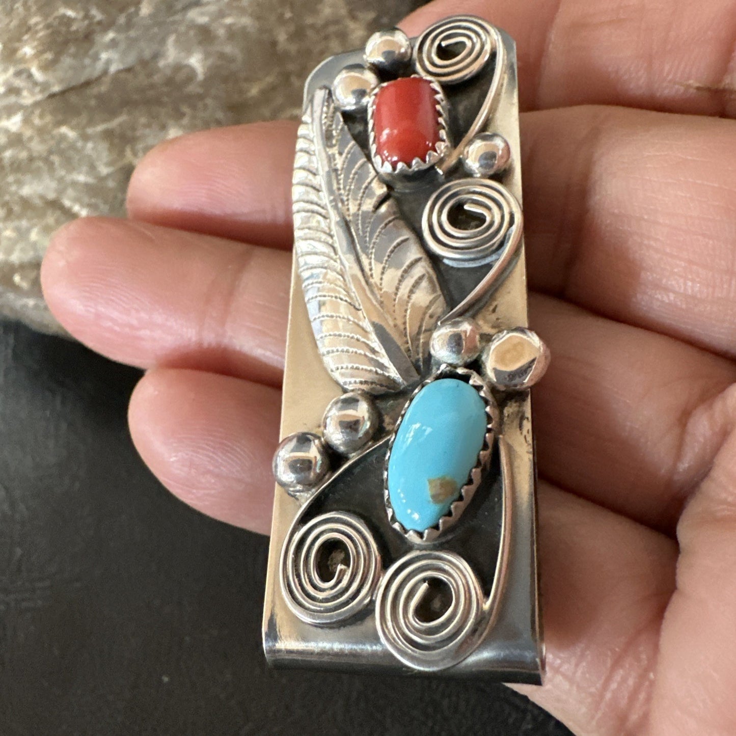 Mens Women Blue Turquoise Coral Navajo Stainless Stamped Silver Money Clip 19735