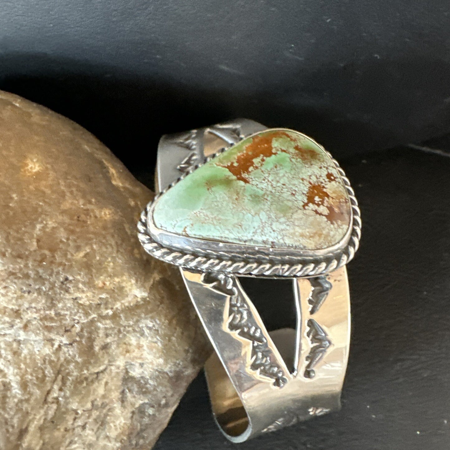 Navajo Green Royston TURQUOISE Stamped Sterling Silver Cuff Bracelet 18874