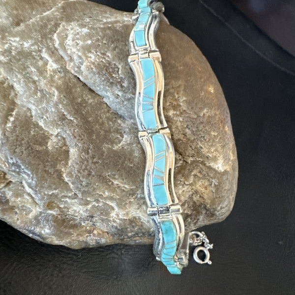 Blue Turquoise Navajo Old Pawn Inlay Bracelet 8" | Sterling Silver | Authentic Native American Handmade | 18132