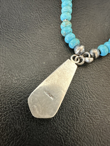 Inlay Blue Kingman Turquoise Pendant Navajo Sterling Silver Necklace 21" 18380
