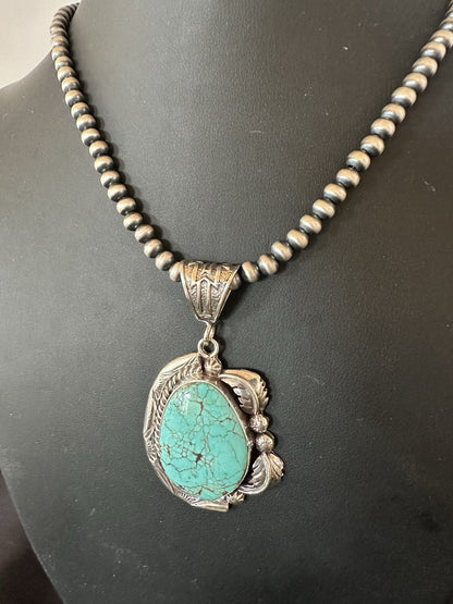 Blue Turquoise #8 Pendant Navajo Pearls Sterling Silver Necklace 19388