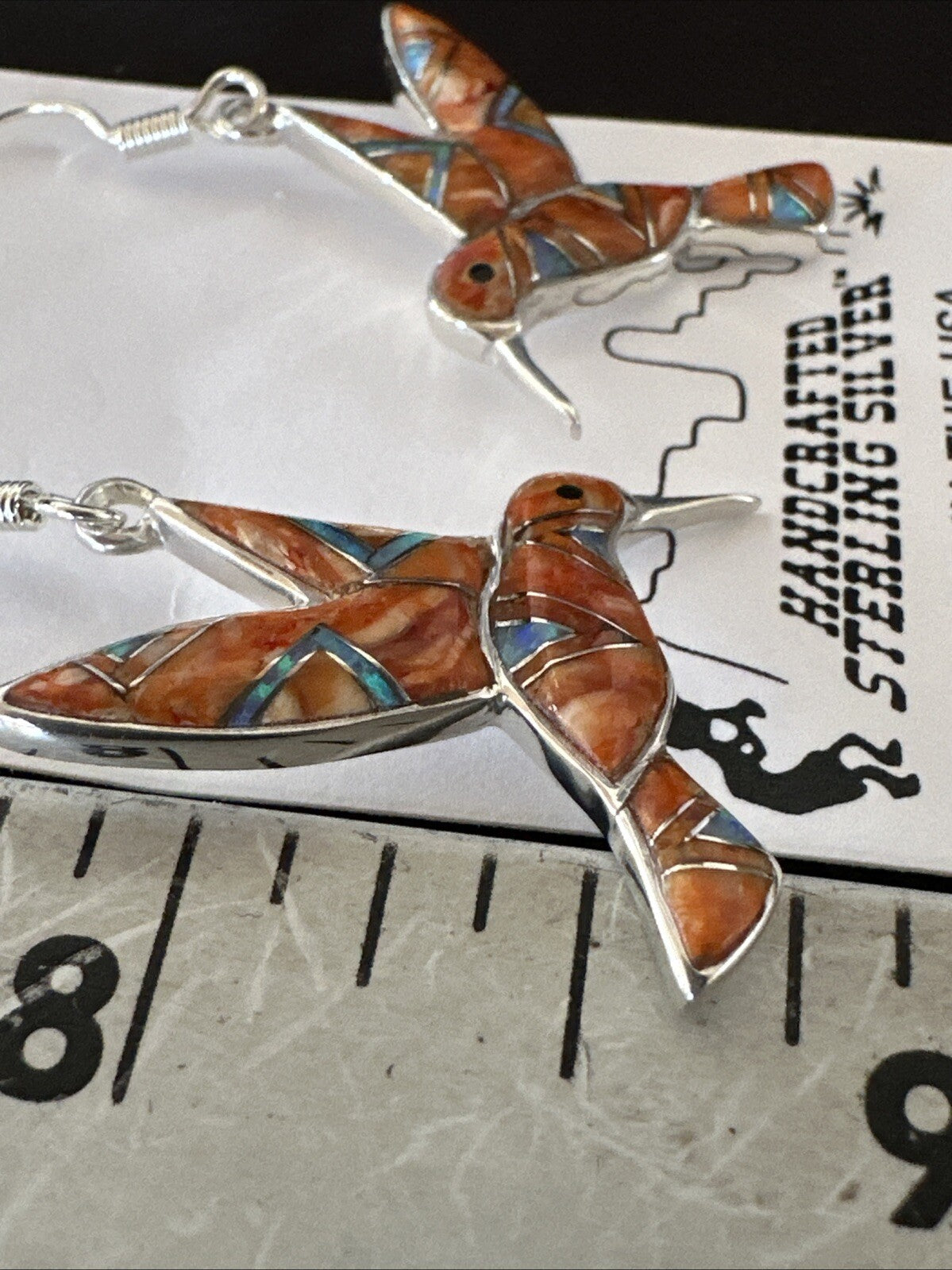 Orange Spiny Oyster Opal Sterling Silver Hummingbird Dangle Earrings 18552