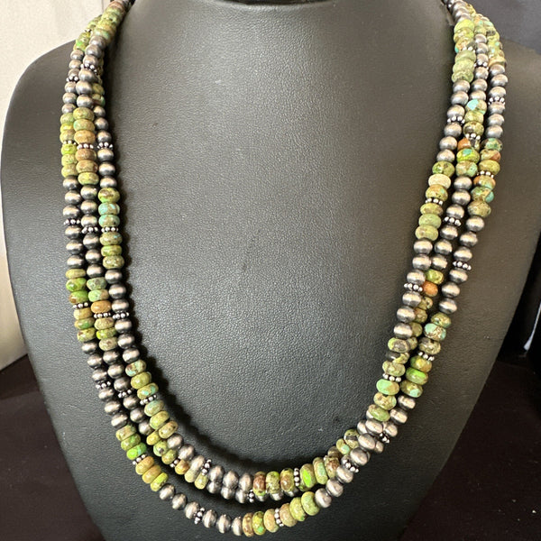 Navajo Pearls Green Gaspeite Turquoise Necklace 3S | Sterling Silver | Authentic Native American Handmade | 03091