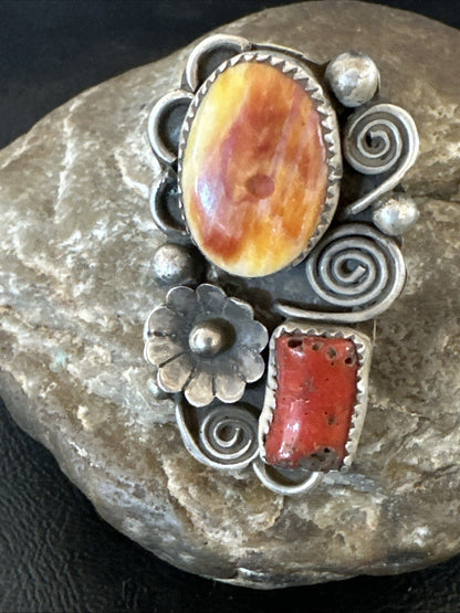Old Pawn Spiny Oyster Coral Navajo Sterling Silver Cluster Ring Sz 6 19762