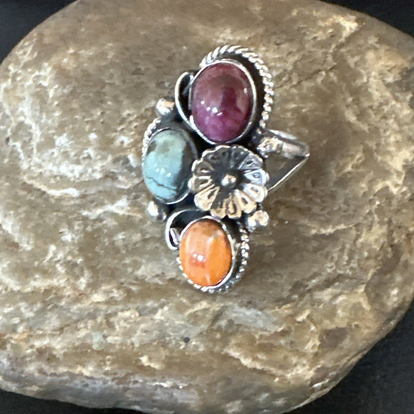 Multicolor Ring Turquoise Spiny Navajo Cluster Size 8 | Sterling Silver | Authentic Native American Handmade | 19171