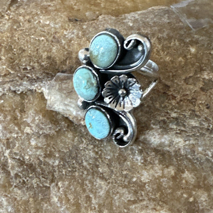Yazzie Ring Green Turquoise Navajo Sterling Silver Cluster Size 8.5 19213