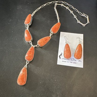 Apple Sponge Coral Lariat Necklace Pendant Earrings Sterling Silver 16” 18973