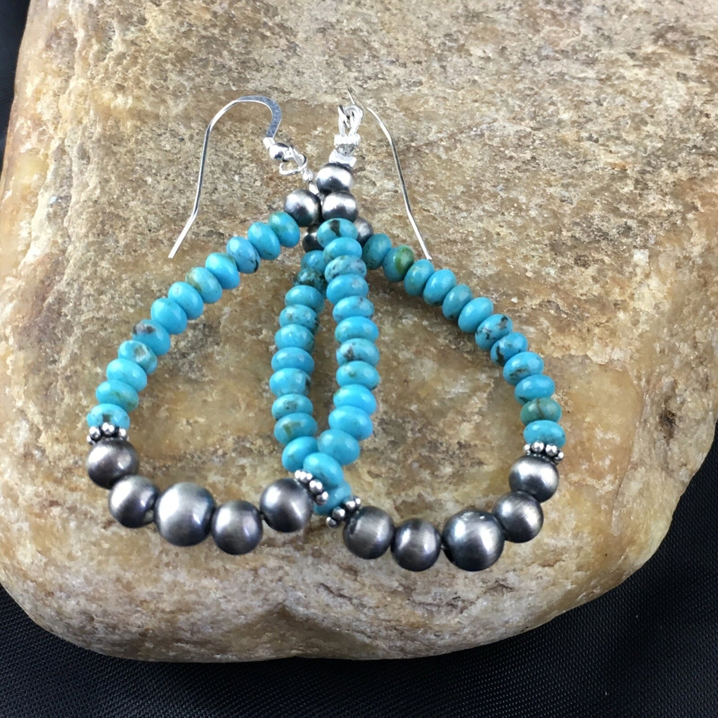 Blue Turquoise Bead Sterling Silver Beads Earrings 1.75" 1971