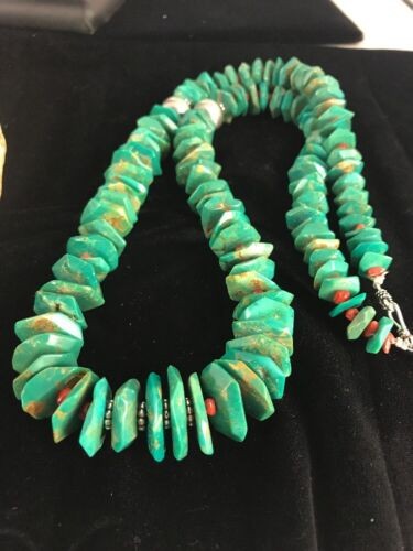 Navajo Turquoise & Spiny Oyster Necklace Sterling Silver 30" 8063