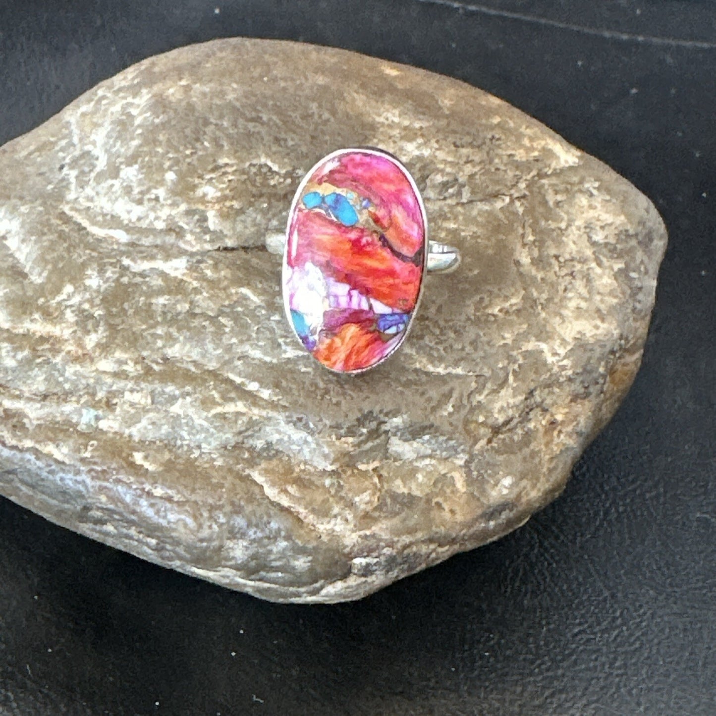 Blue Turquoise Spiny Oyster Southwestern Sterling Silver Ring Size 11 18447