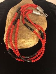Navajo Coral Necklace Pendant 20"3 Strand | Sterling Silver | Authentic Native American Handmade | 8006