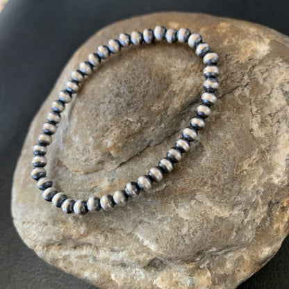 Navajo 4mm Beads 6” Stretchable Sterling Silver Bracelet 90401