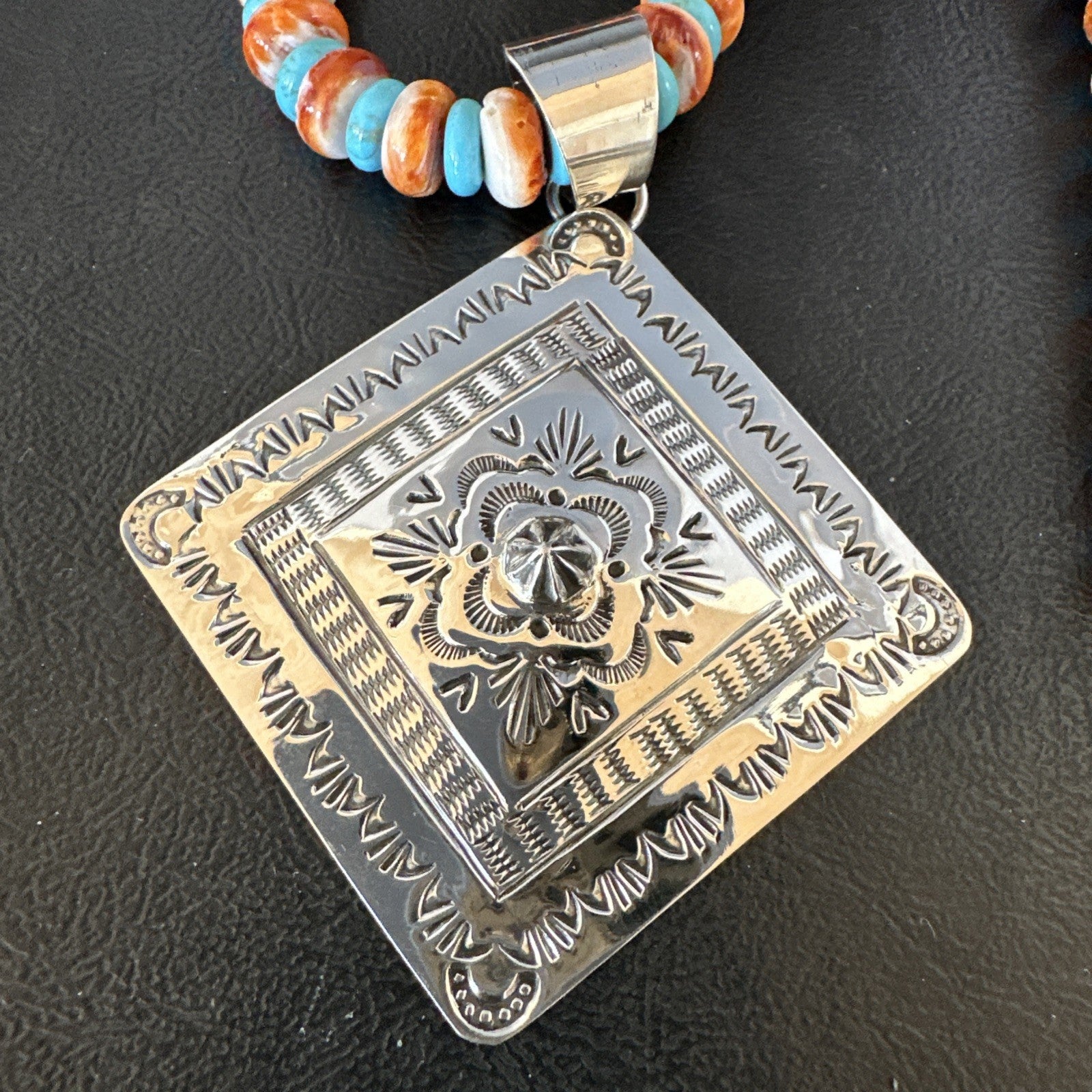 Orange Spiny Oyster Turquoise Navajo  Pendant Sterling Silver Necklace 21” 19044