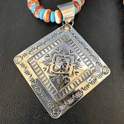 Orange Spiny Oyster Turquoise Navajo  Pendant Sterling Silver Necklace 21” 19044