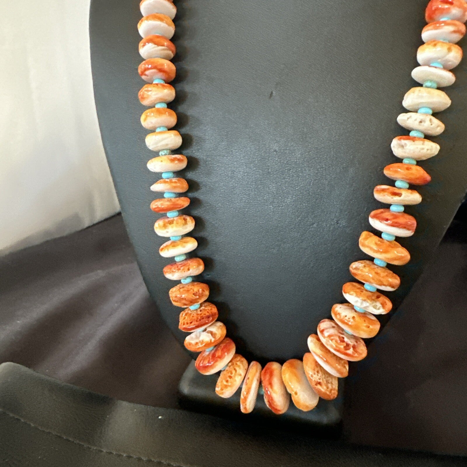 Orange Spiny Oyster Blue Turquoise Navajo Sterling Silver Necklace 25" 18089