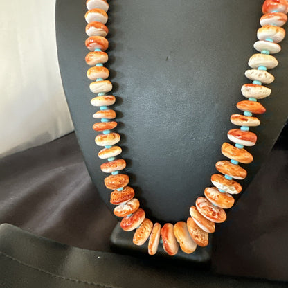 Orange Spiny Oyster Blue Turquoise Navajo Sterling Silver Necklace 25" 18089