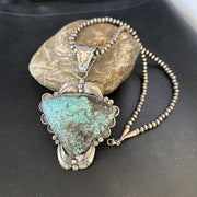 Blue Spiderweb Turquoise Pendant Navajo Pearls Necklace | Sterling Silver | Authentic Native American Handmade | 14807