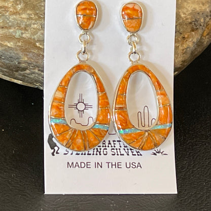 Womens Opal & Spiny Oyster Inlay Navajo Sterling Silver Dangle Earrings 19139