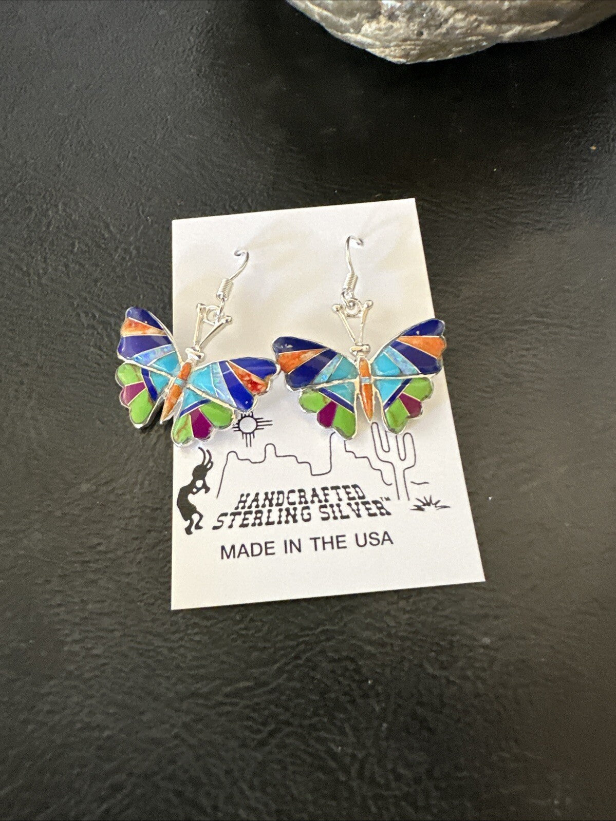 Butterfly Multicolor Spiny Lapis Opal Inlay Sterling Silver Earrings 19141