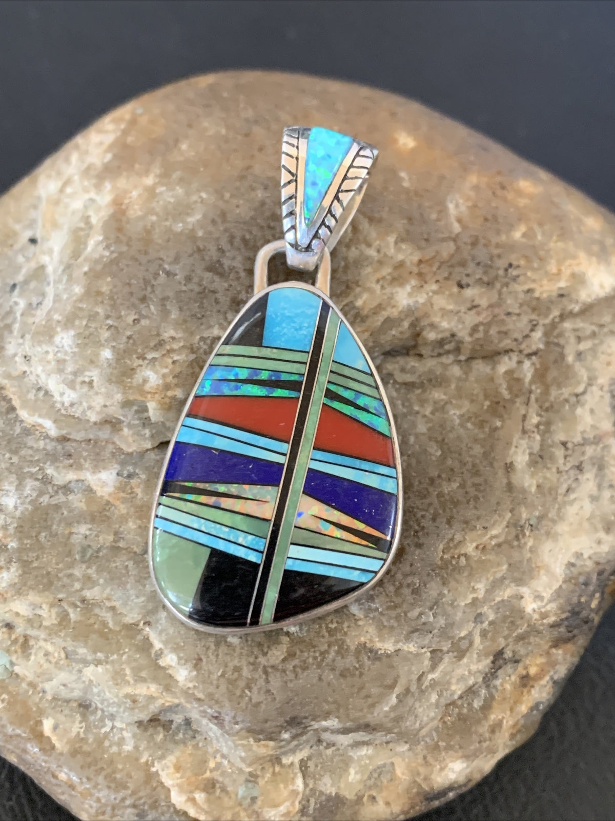 Womens Turquoise Coral & Opal Navajo Sterling Silver Inlay Pendant 12494