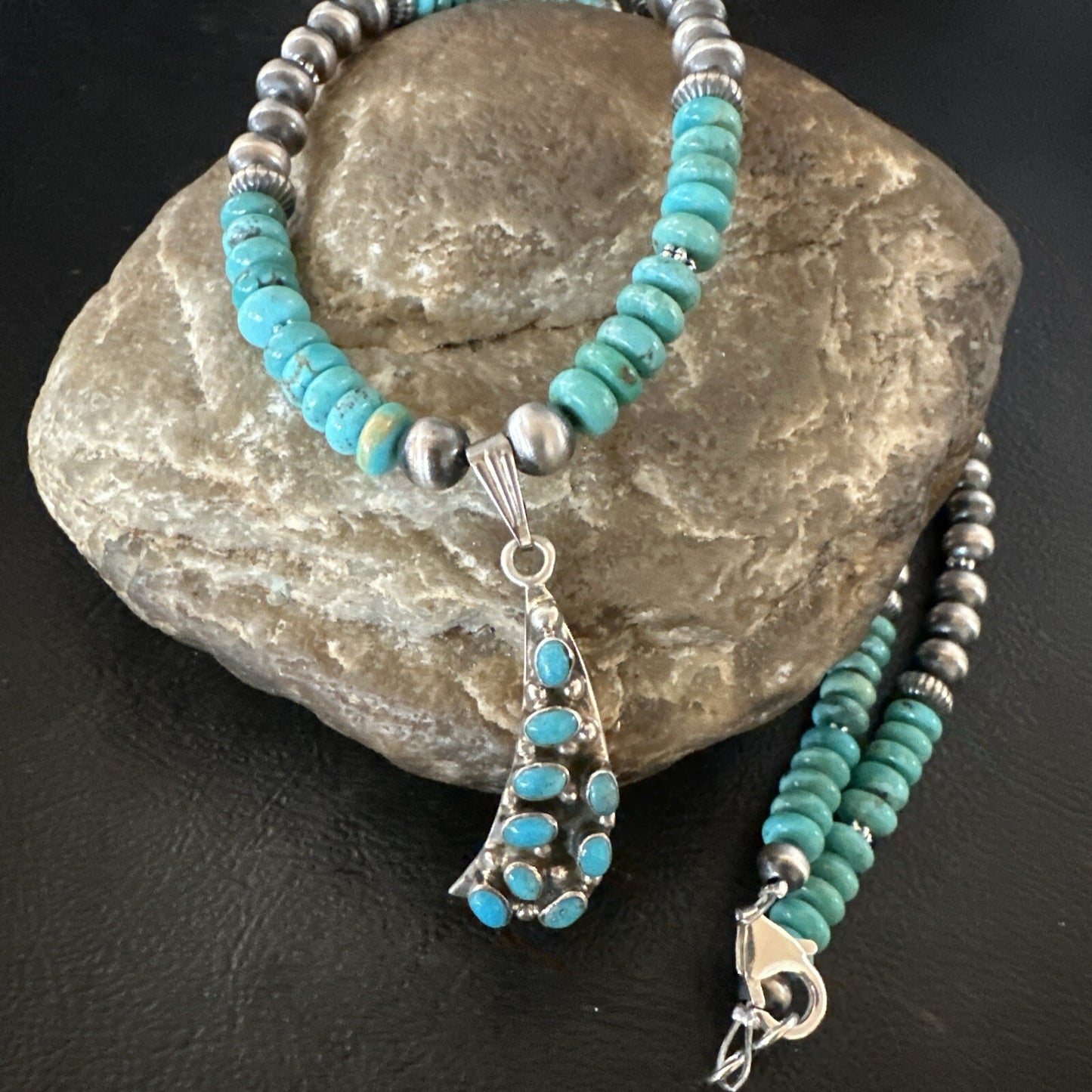 Mens Blue Turquoise Cluster Pendant Navajo Pearls Sterling Silver Necklace 17895