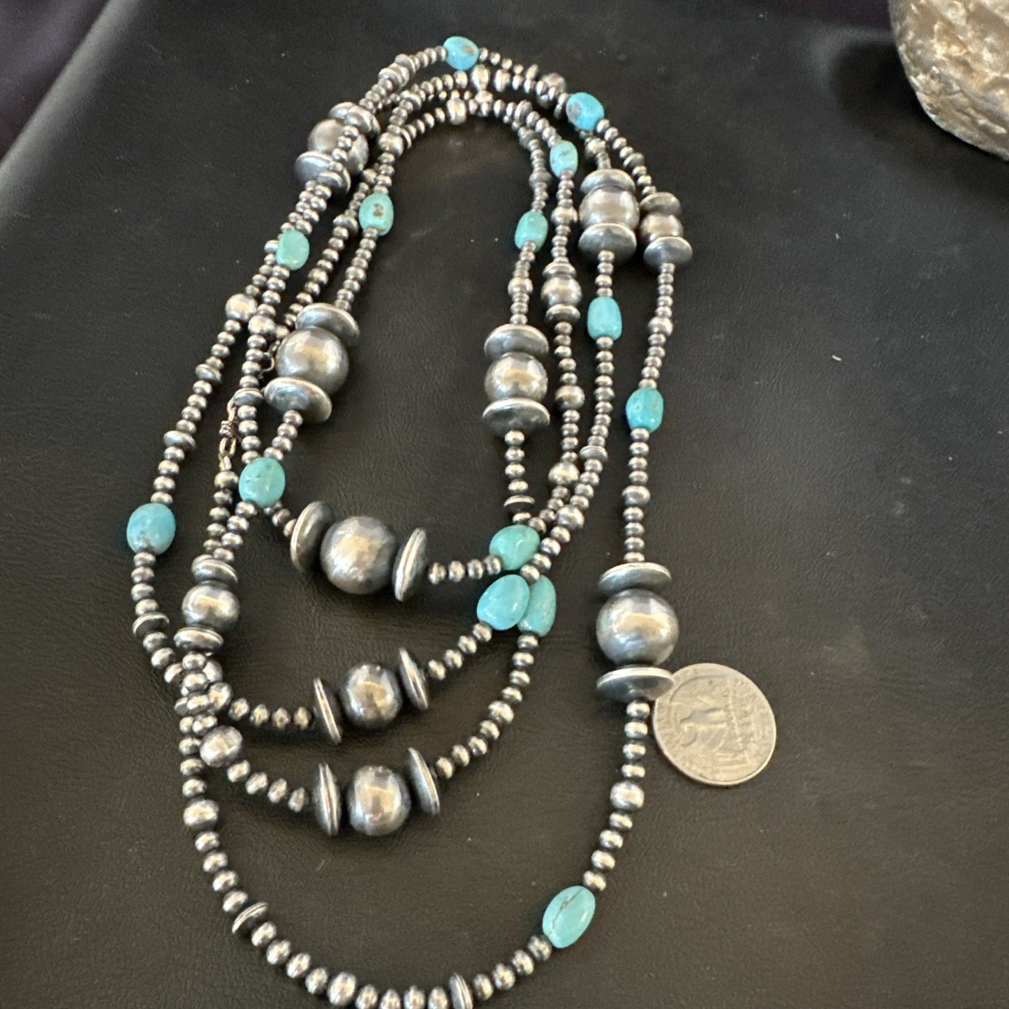 Native Navajo Sterling Silver Beads Blue Turquoise 72 in Necklace 19117