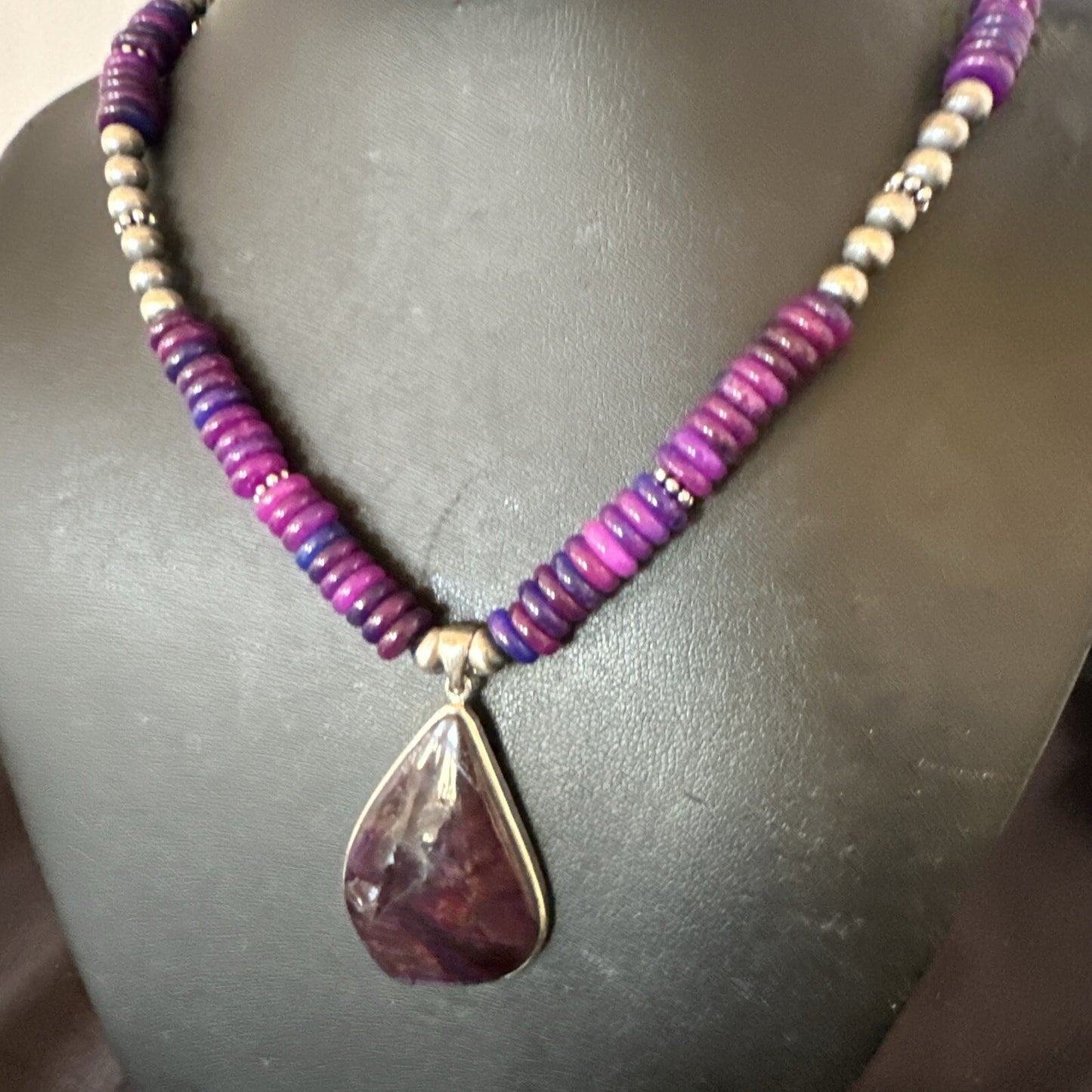 Purple Stone Pendant Navajo Pearls Sterling Silver Necklace 23" 17936