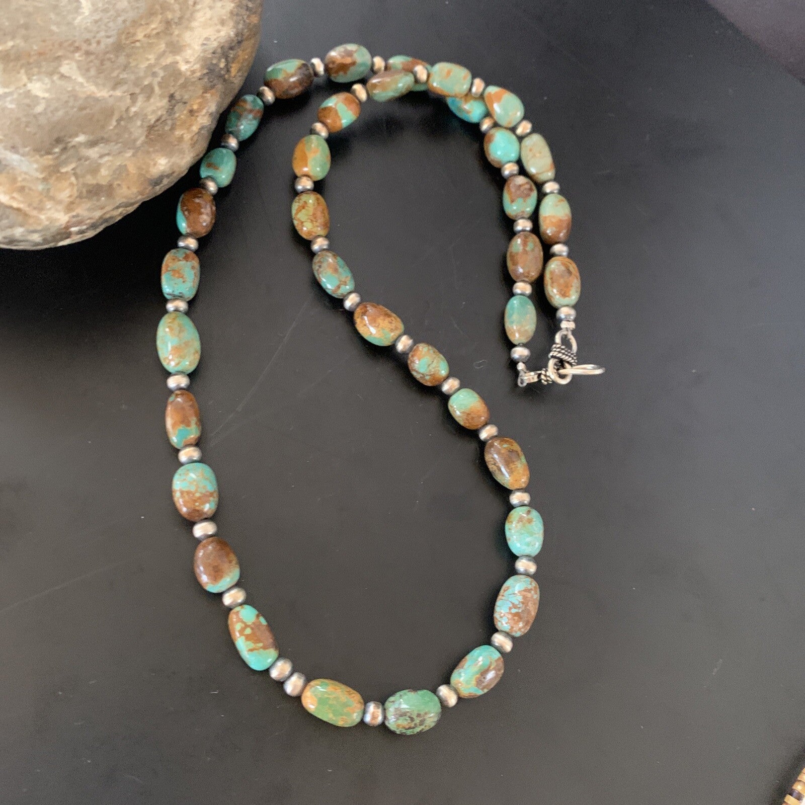 Green Royston Turquoise Bead Navajo Sterling Silver Beads Necklace 11465