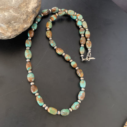 Green Royston Turquoise Bead Navajo Sterling Silver Beads Necklace 11465