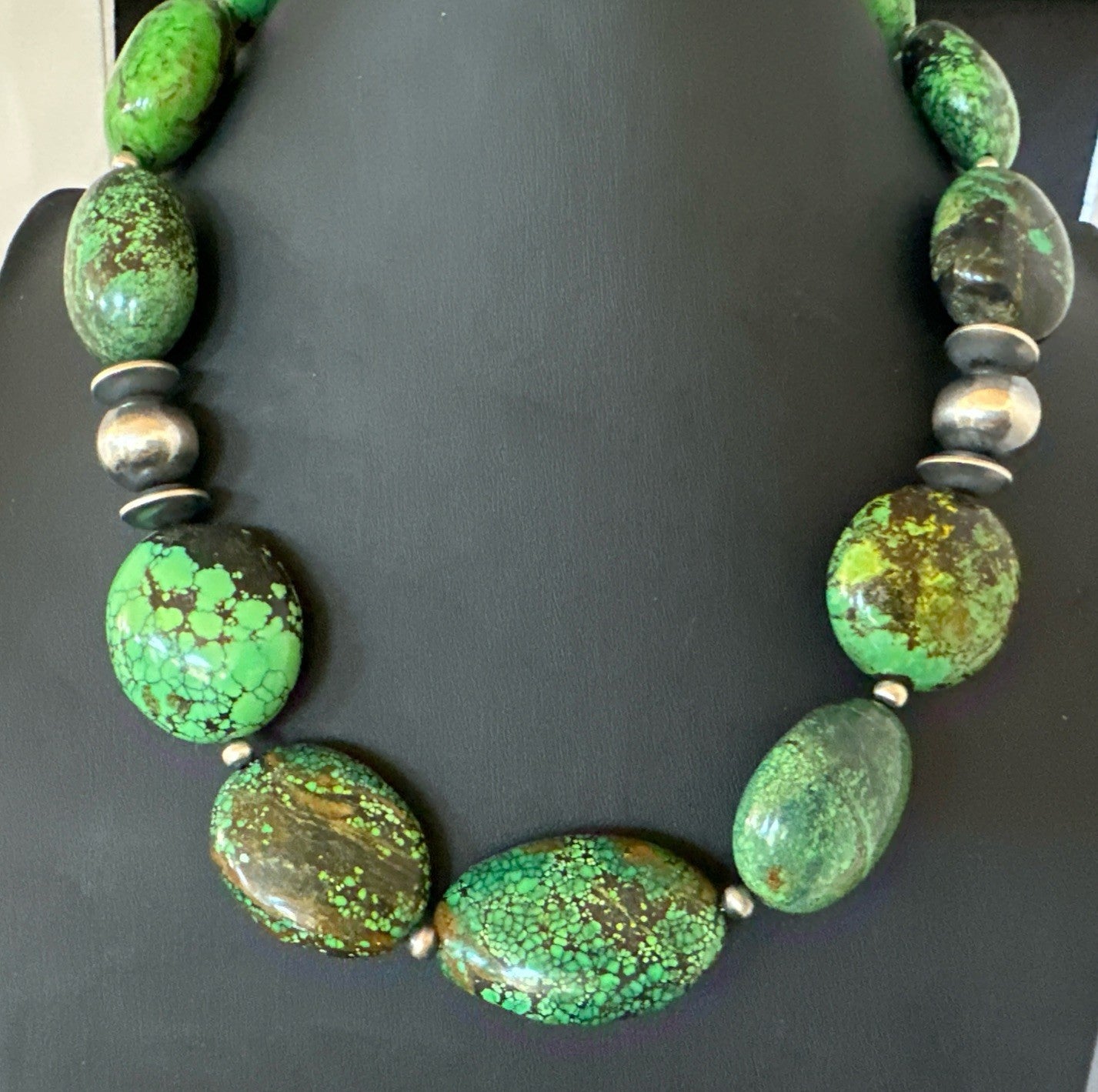 Green Turquoise Nugget Navajo Pearls Sterling Silver Necklace 19533