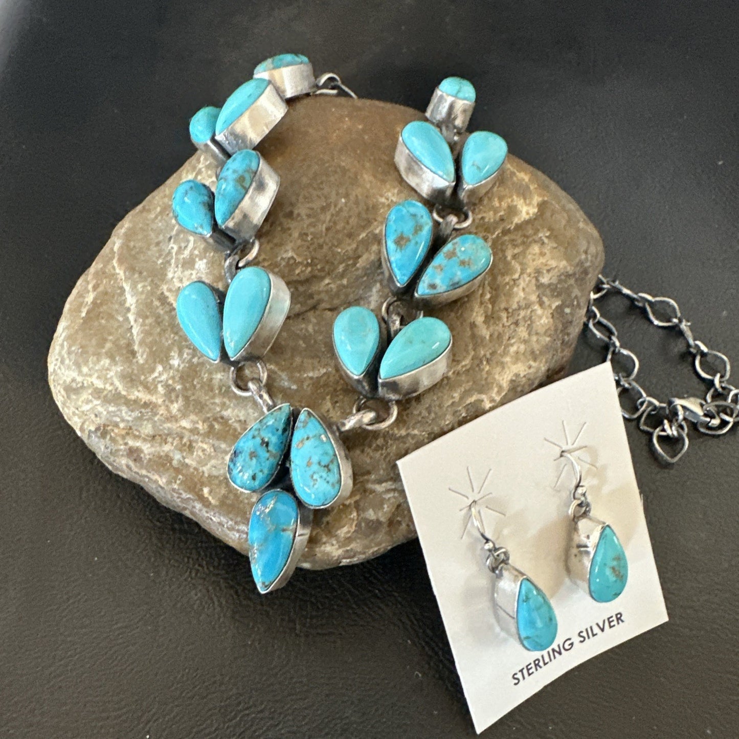 Kingman Turquoise Navajo Sterling Silver Earrings & Lariat Necklace 19" 19278
