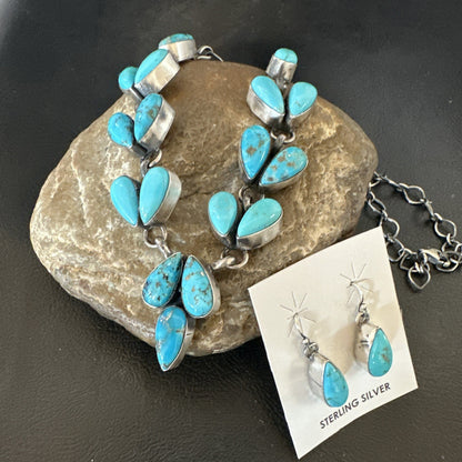 Kingman Turquoise Navajo Sterling Silver Earrings & Lariat Necklace 19" 19278