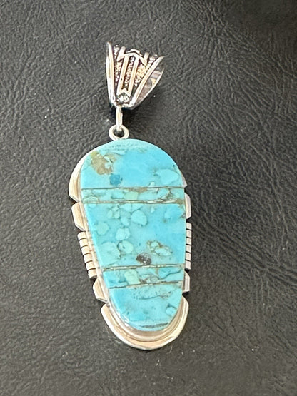 Navajo B E Inlay 925 Sterling Silver Turquoise Pendant Cobblestone 2.5" 19398