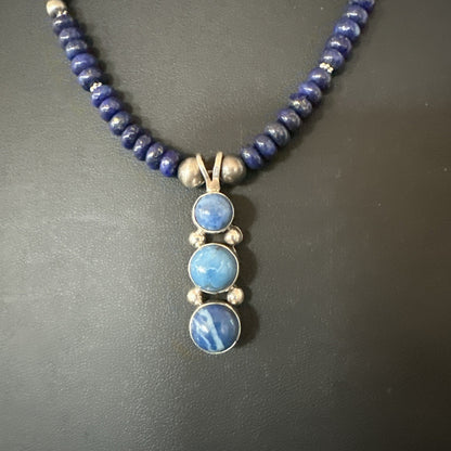 Handmade Blue Lapis Cluster Pendant NavajoSterling Silver Necklace 2" 19655