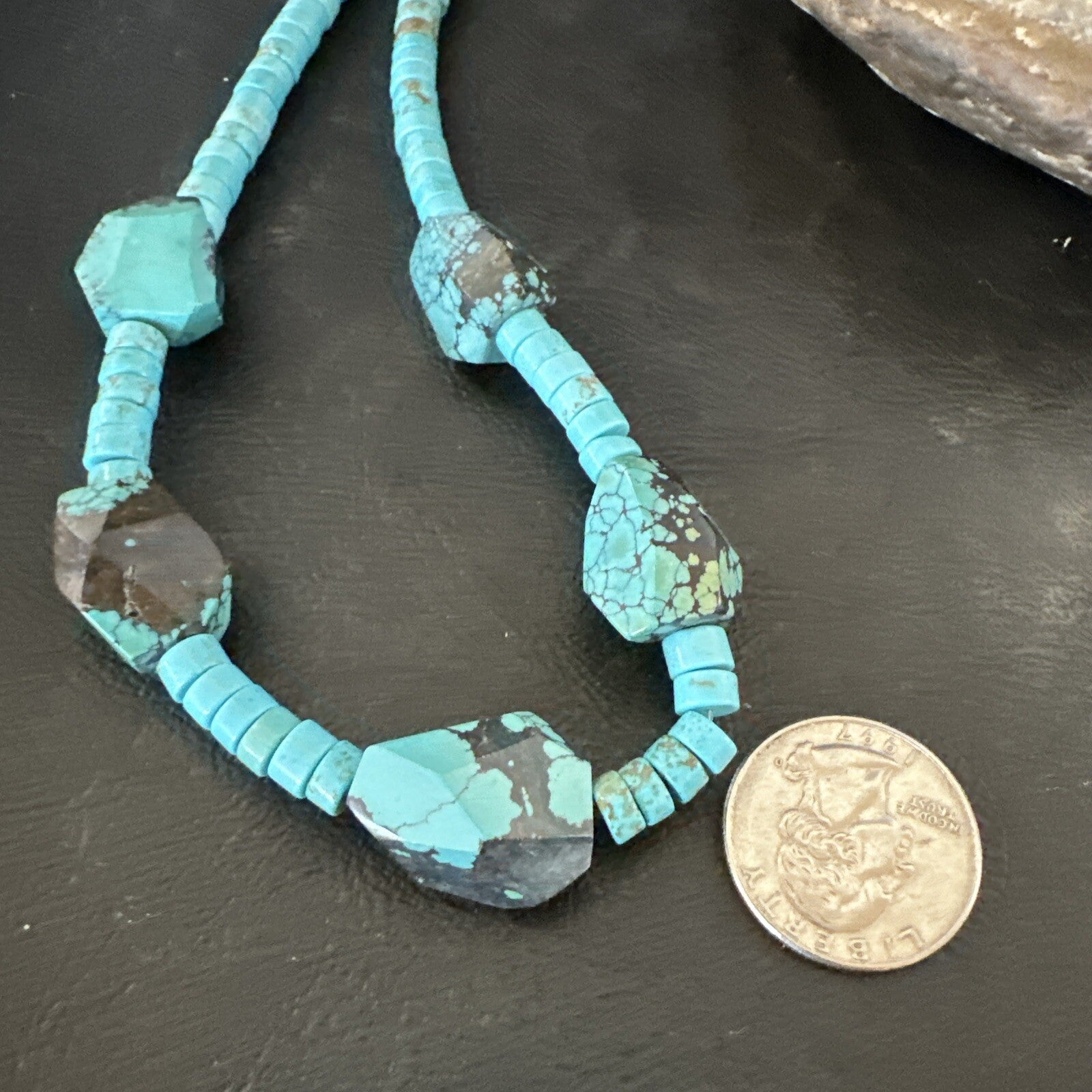 Native Turquoise Nugget Heishi Bead Navajo Sterling Silver Necklace 17807