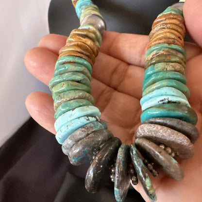 Blue Green Turquoise Navajo Sterling Silver Beads Necklace 20” 19176