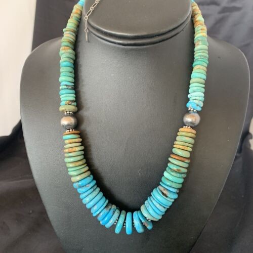 Navajo Blue Green Turquoise Necklace 20" | Sterling Silver | Authentic Native American Handmade | 11963