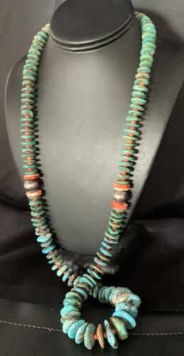 Navajo Graduated Blue Green Turquoise Spiny Necklace 33" | Sterling Silver | Authentic Native American Handmade | 13569