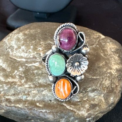 Multicolor Ring Turquoise Spiny Navajo Sterling Silver Cluster Size 9 19174