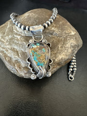 Women's Blue Turquoise Pendant Navajo Pearls Necklace | Sterling Silver | Authentic Native American Handmade | 19575