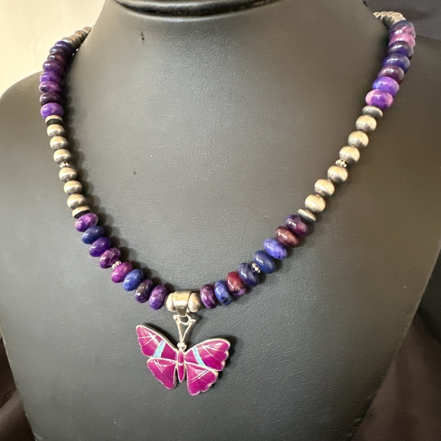 Butterfly Purple Stone Opal Pendant Navajo Sterling Silver Necklace 18732