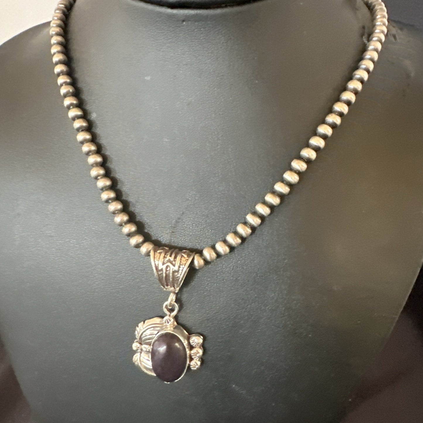 Purple Stone Pendant Navajo Pearls Sterling Silver Necklace 20” 18046