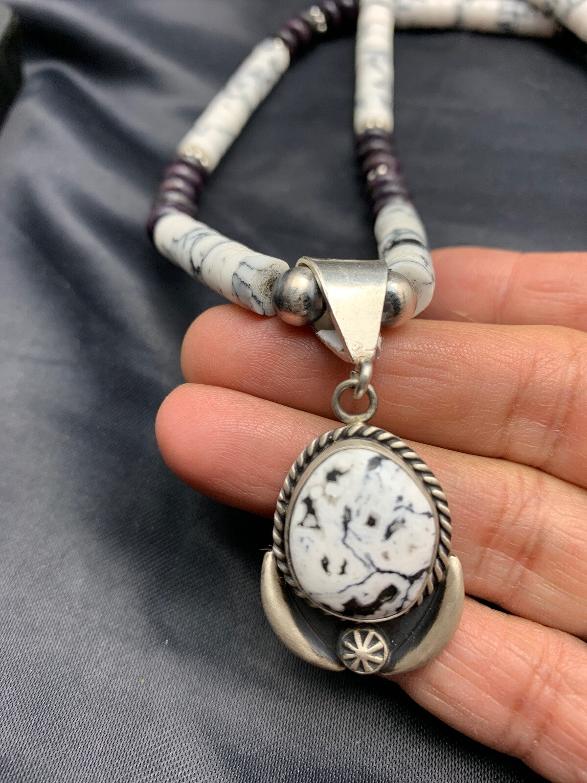 Native  Purple Stone & Howlite Bead Navajo Sterling Silver Necklace 04606