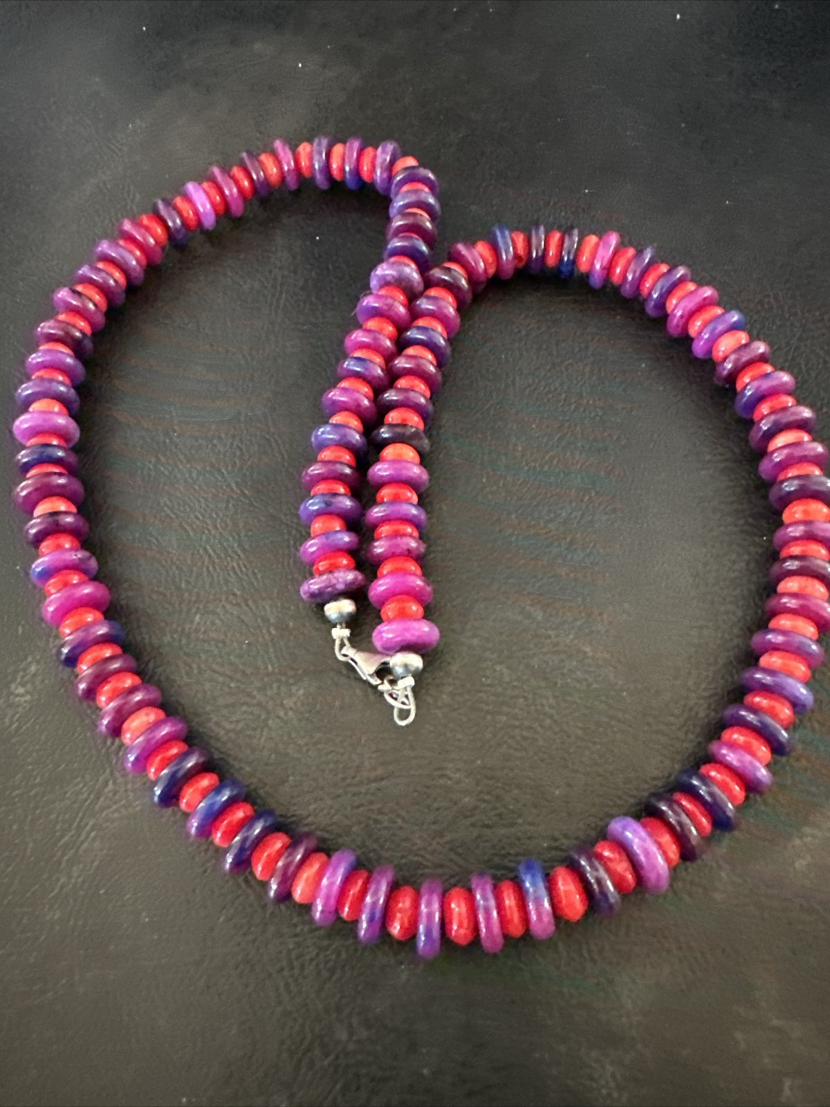 10mm  Purple Stone Red Coral Bead Navajo Sterling Silver Necklace 23” 17832