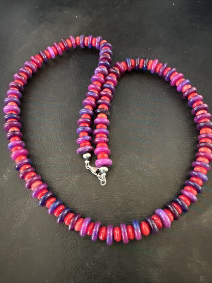10mm  Purple Stone Red Coral Bead Navajo Sterling Silver Necklace 23” 17832